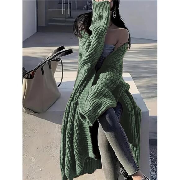 Womens Long Cardigan Sweaters Open Front Oversized Green - Picture 2 of 5